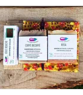 Kit de la voyageuse savon shampoing solide dentifrice solide pochette